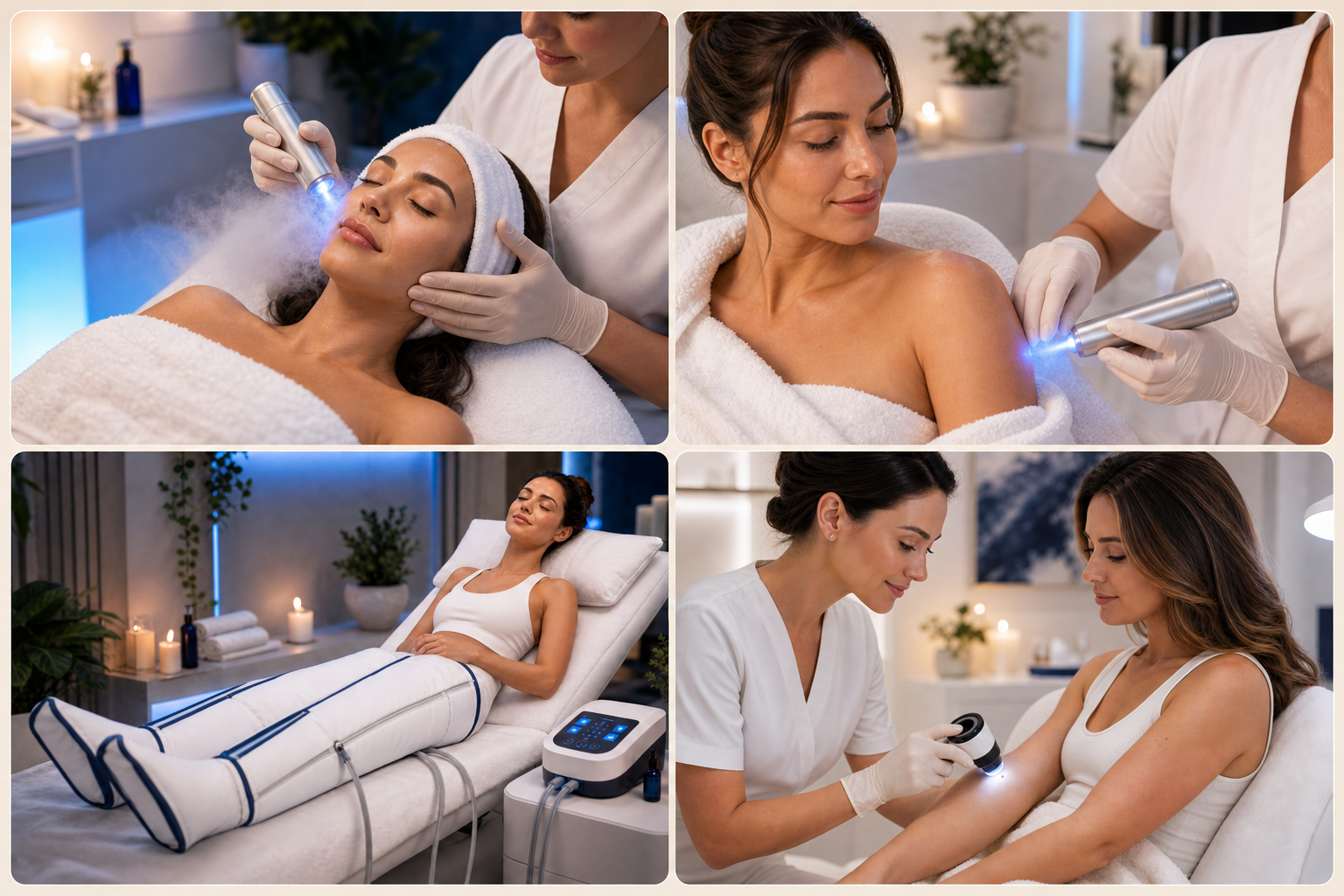 A collage of cryotherapy, skin screening and leg compression treatments at The Cryo Clinic
