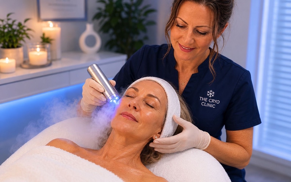 A client receiving a calming cryo facial treatment at The Cryo Clinic in Rossendale.