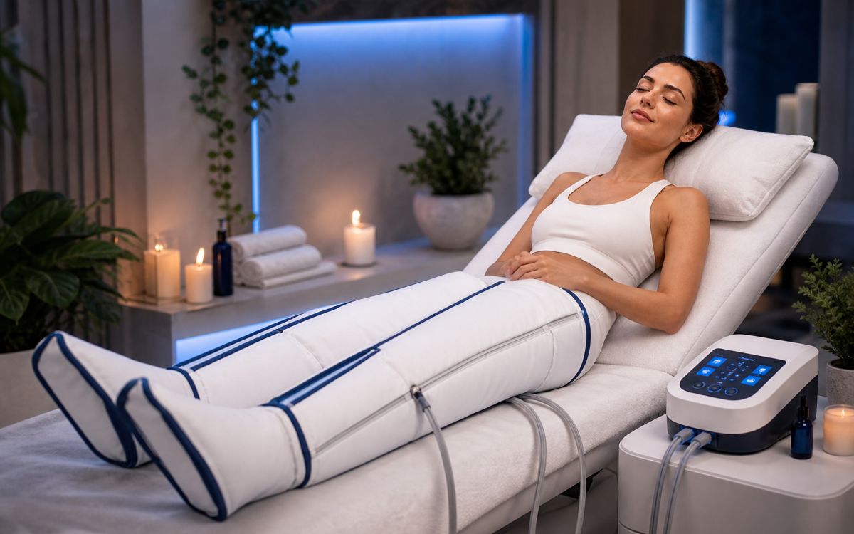 A relaxing leg compression therapy session at The Cryo Clinic in Rossendale.