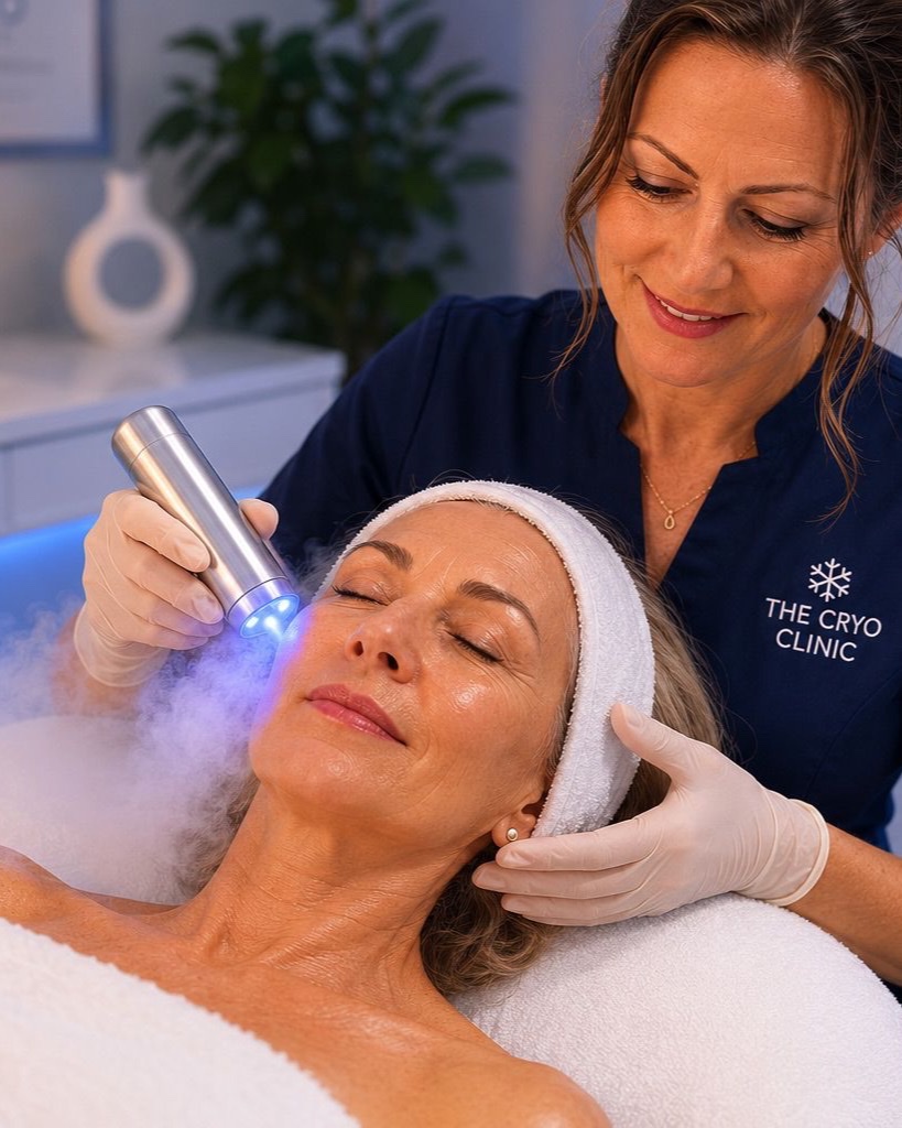 A client receiving a calming cryo facial treatment at The Cryo Clinic in Rossendale.