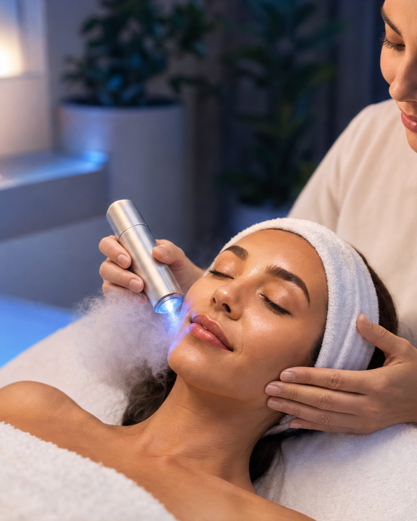 A client receiving a calming cryo facial treatment at The Cryo Clinic in Rossendale.