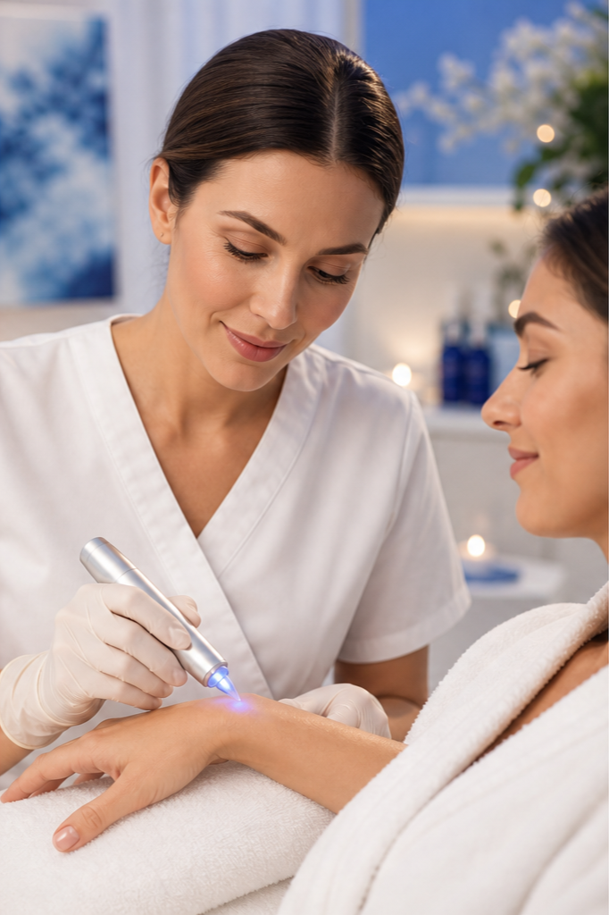 Close-up of a CryoPen device used to treat a benign skin lesion at The Cryo Clinic.